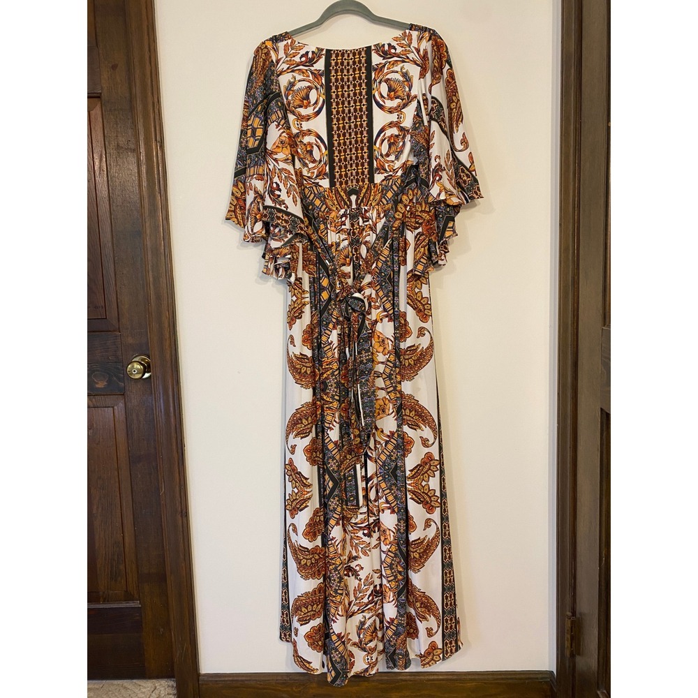 Free People Boho Paisley Floral Maxi Dress Orange Black White Butterfly Sleeve 2 - Picture 3 of 10